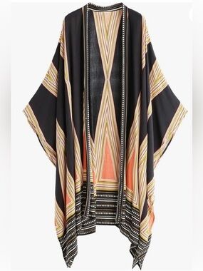 Sweatyrocks Black Geo-Stripe Kimono Cape with Coral and Cream Accents